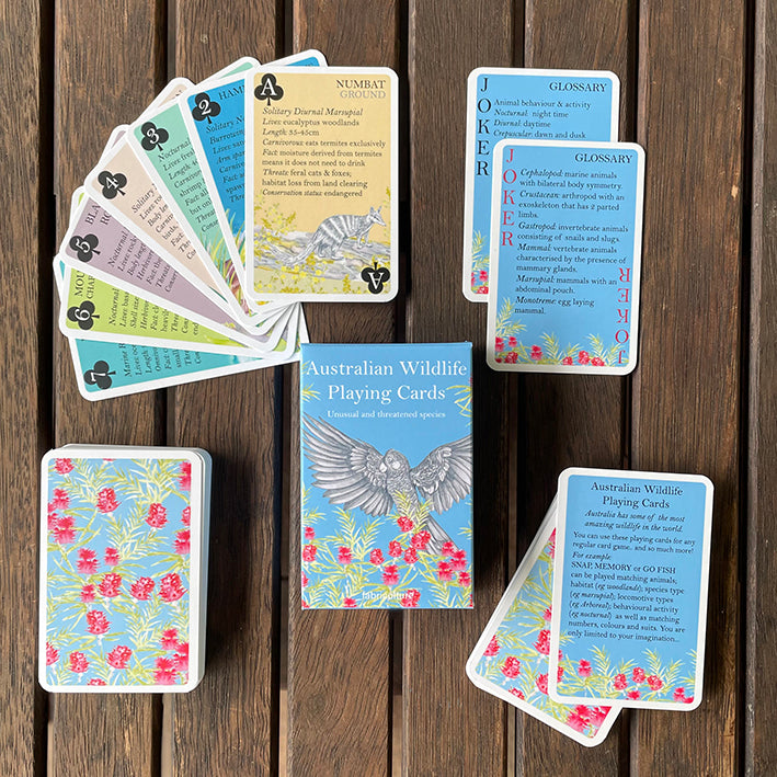 The image shows the illustrated Australian Wildlife Playing Cards open, and a selection shown to show their illustrations and educational information. 