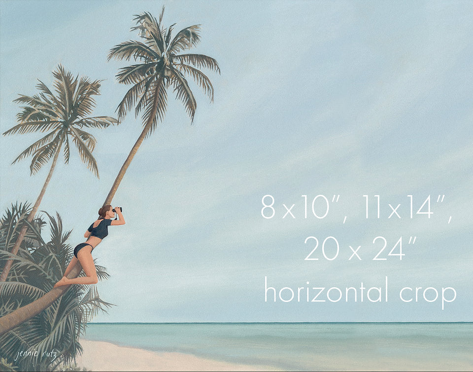 Woman in a swimsuit climbing a palm tree on a beach.