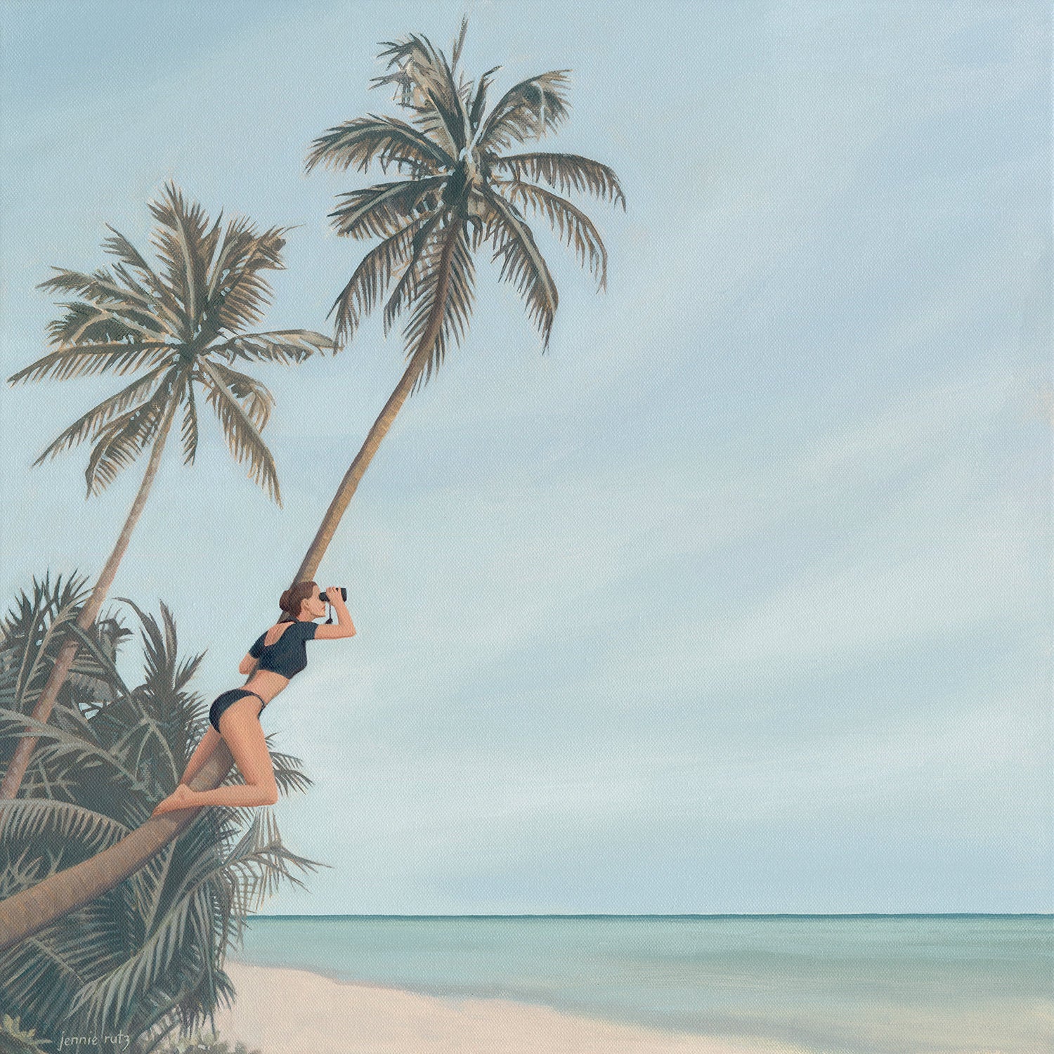 Woman in a black bikini sitting under a palm tree on a beach with a clear sky.