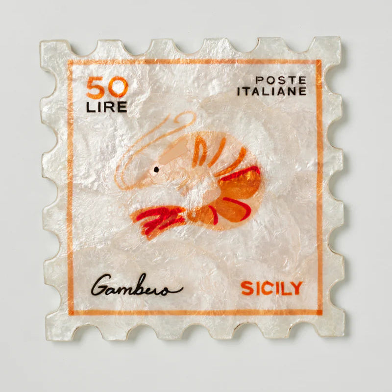 Stylized postage stamp with a shrimp illustration and text on a light gray background