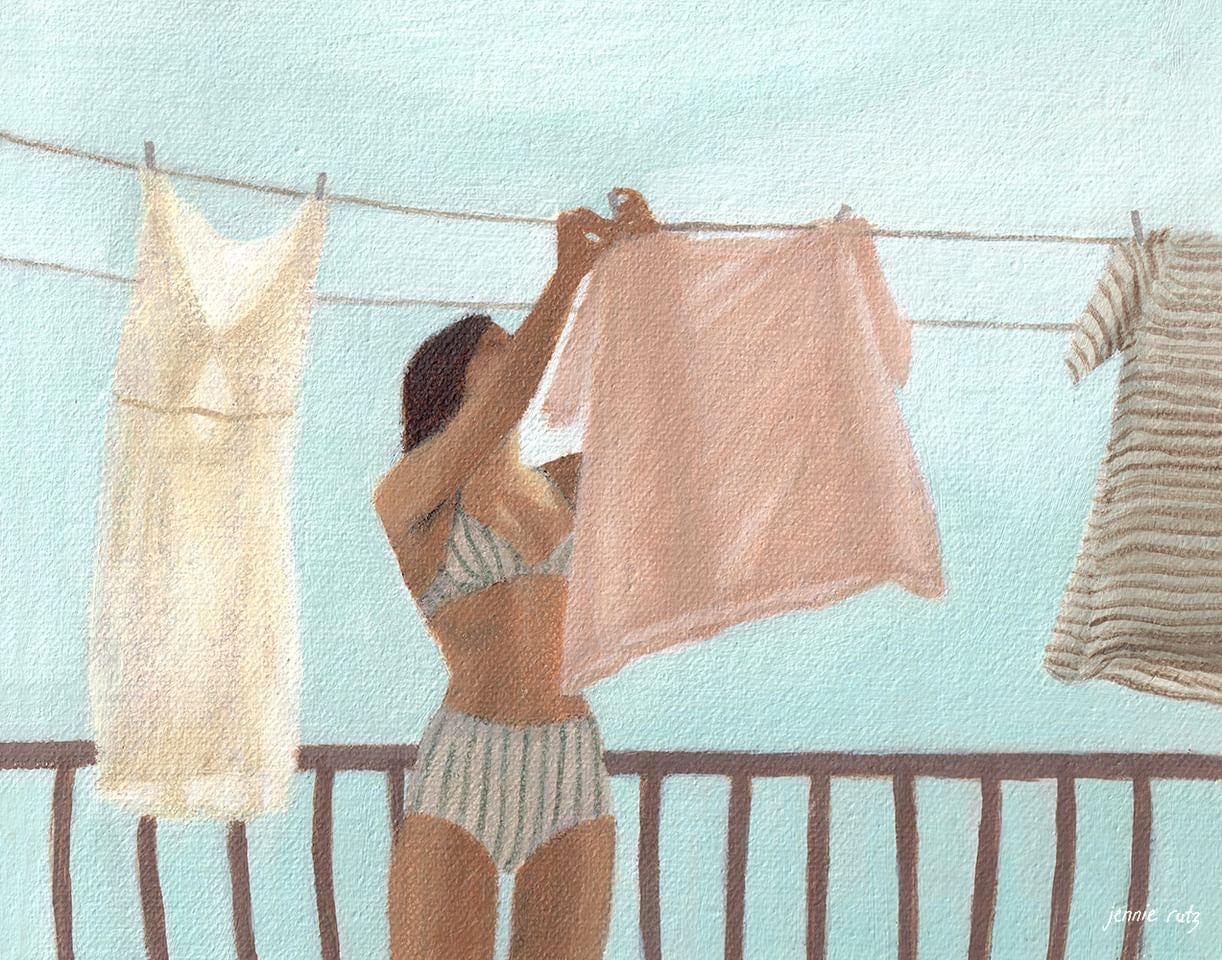 Illustration of a woman hanging clothes on a line against a light blue background
