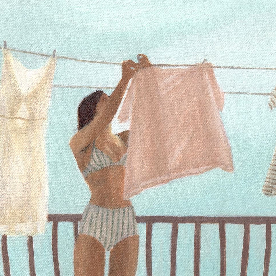 Illustration of a woman hanging clothes on a line against a light blue background