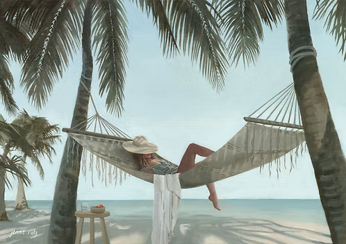 Person relaxing in a hammock under palm trees on a beach.