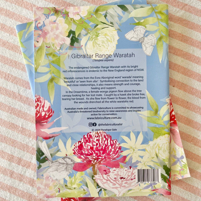 This image shows the back of the Notebook and all of the information about the endangered Gibraltar Range Waratah. 