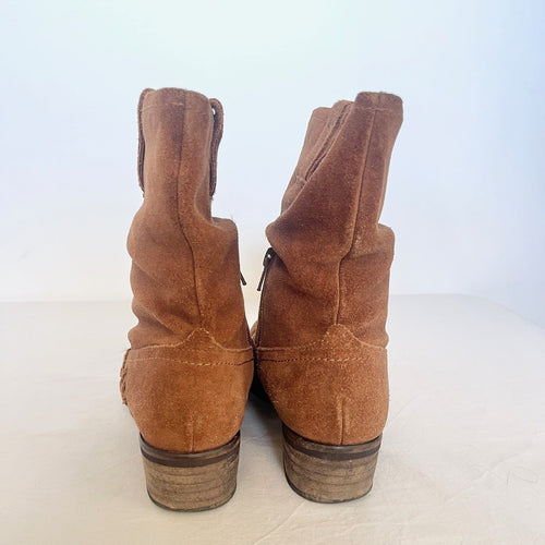Pair of brown suede boots on a white background